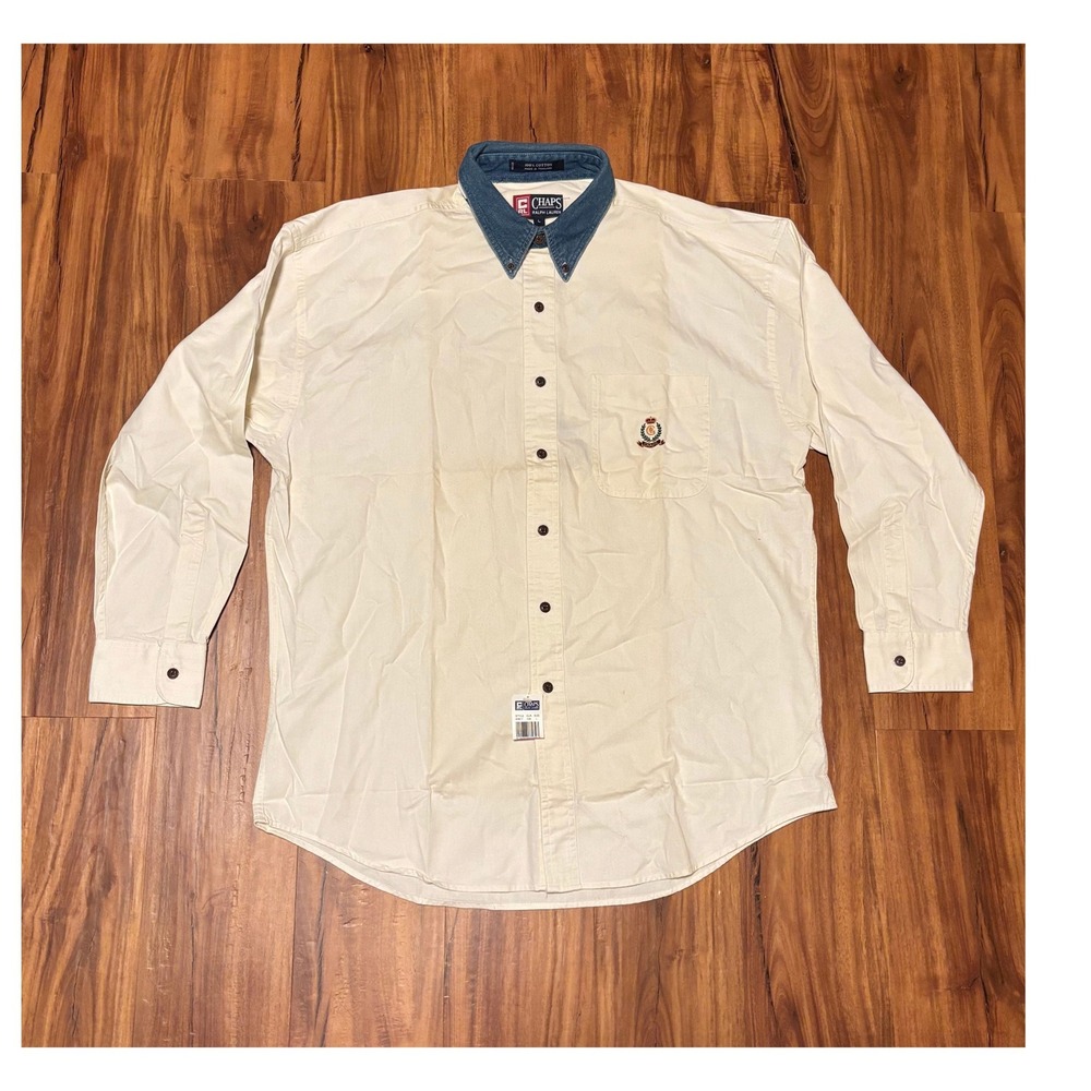 Vintage 90s Chaps Ralph Lauren Button Down Shirt Cream Denim Collar Crest Mens L